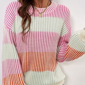 B211 Pink Colorblock Textured Knit Bubble Sleeve Sweater